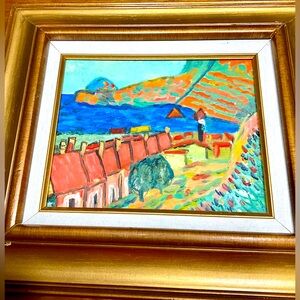 Double Framed Village By The Sea/ocean Oil Painting 16x17